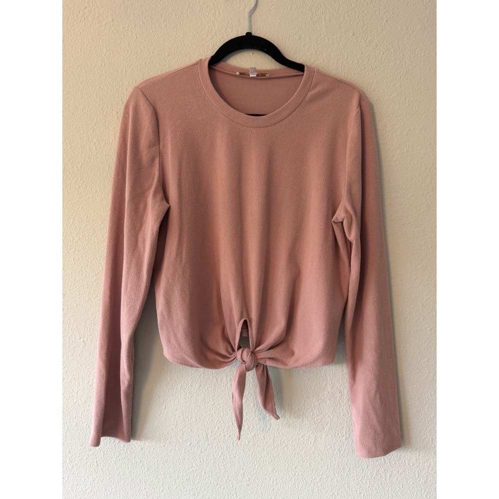 WayF Womens Size L Long Sleeve Pink Brushed Rib Knit Tie Waist Crew Crop Top